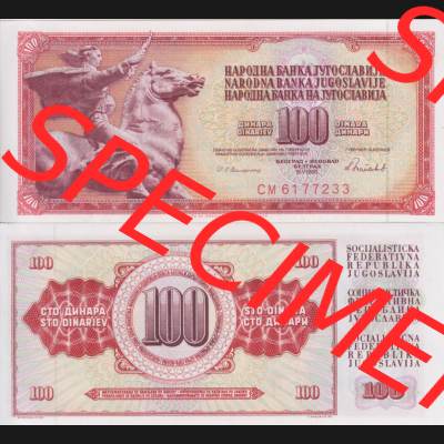Banknoten Jugoslawien 1978-1986, 100 Dinar. Vorderseite und Rückseite einer Banknote aus dem nicht mehr existierenden Land Jugoslawien auf einen Digitalen Bild, Banknoten aus Satz... Sammlung