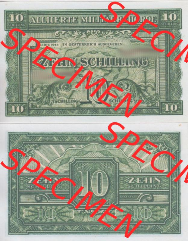 Banknoten Österreich 1944-1944, 10 Schilling Alliierte Militärbehörde. Vorderseite und Rückseite auf einen Digitalen Bild der Banknoten von Österreich 1944 Alliierte... Sammlung
