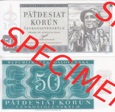 Banknoten Tschechoslowakei 1950-1950, 50 Kronen, Pätdesiat Korun. Vorderseite und Rückseite auf einen Digitalen Bild der Banknoten... Sammlung