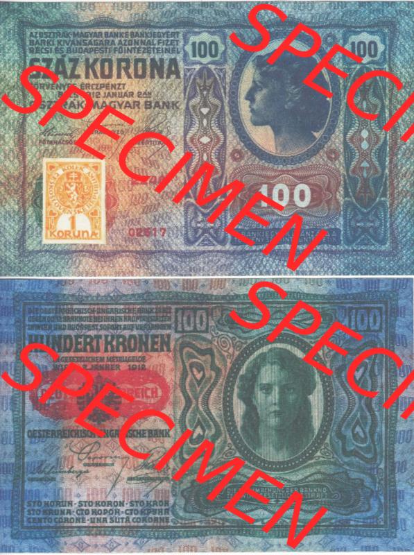 Banknoten Tschechoslowakei 1919-1919, 100 Kronen Provisorische Geldschein Ausgaben. Vorderseite und Rückseite auf einen Digitalen Bild der Banknoten der Tschechoslowakei 1919 Provisorisch,... Sammlung