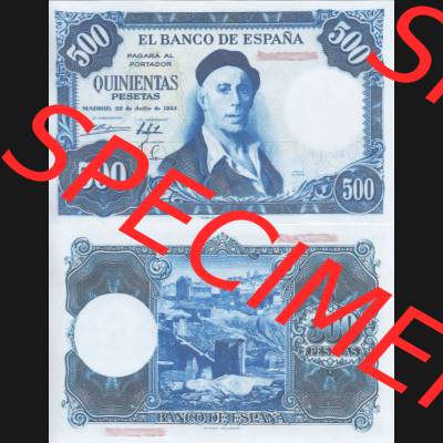 Banknoten Spanien 1954-1958, 500 Peseten. Vorderseite und Rückseite auf einen Digitalen Bild der Banknoten von Spanien 1953-1958, Banknoten aus Satz der Banknoten Spanien 1953-1958... Sammlung