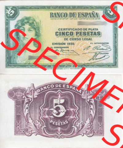 Banknoten Spanien 1935-1936, 5 Peseten. Vorderseite und Rückseite auf einen Digitalen Bild der Banknoten von Spanien 1935-1938,... Sammlung