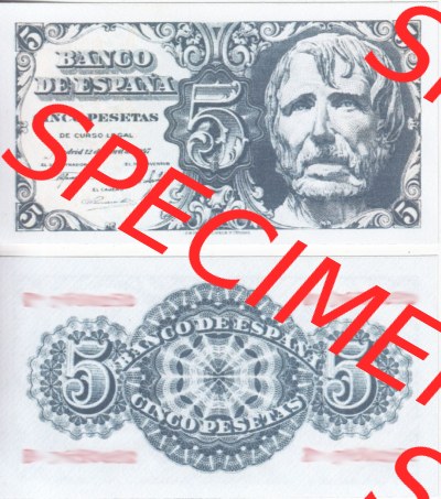 Banknoten Spanien 1947-1947, 5 Peseten. Vorderseite und Rückseite auf einen Digitalen Bild der Banknoten von Spanien 1946-1949,... Sammlung