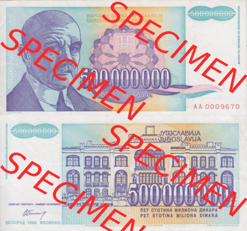 Banknoten Jugoslawien 1993-1993, 500000000 Dinar. Vorderseite und Rückseite einer Banknote aus dem nicht mehr existierenden Land Jugoslawien auf einen Digitalen Bild, Banknoten... Sammlung