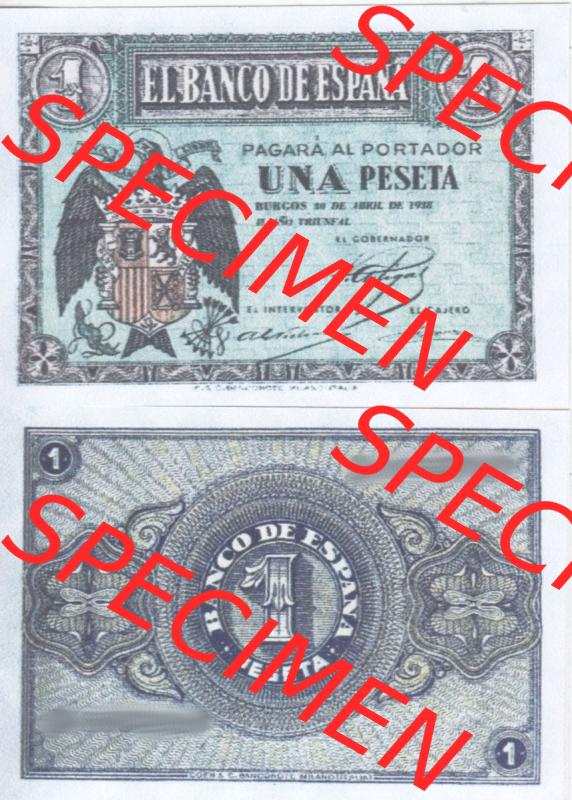 Banknoten Spanien 1938-1938, 1 Pesete April 1938. Vorderseite und Rückseite auf einen Digitalen Bild der Banknoten von Spanien 1937-1938, Banknoten aus Satz der Banknoten Spanien... Sammlung