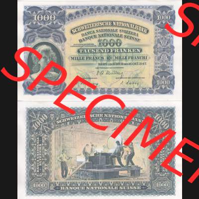 Banknoten Schweiz 1927-1955, 1000 Franken. Vorderseite und Rückseite auf einen Digitalen Bild der Banknoten der Schweiz 1913-1955, Banknoten aus Satz der Banknoten Schweiz 1913-1955... Sammlung