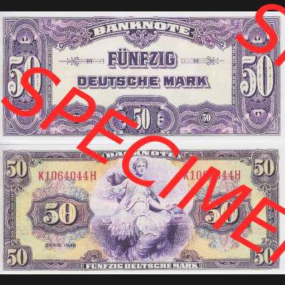 BRD Deutschland Alliierte Besetzung 1948, 50 Deutsche Mark I.. Vorderseite und Rückseite auf einen Digitalen Bild der Banknoten Deutschland 1948 der Alliierte Besetzung,... Sammlung