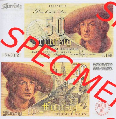 BRD Deutschland Bank Deutscher Länder 1948, 50 DM Deutsche Mark. Vorderseite und Rückseite auf einen Digitalen Bild der Banknoten... Sammlung
