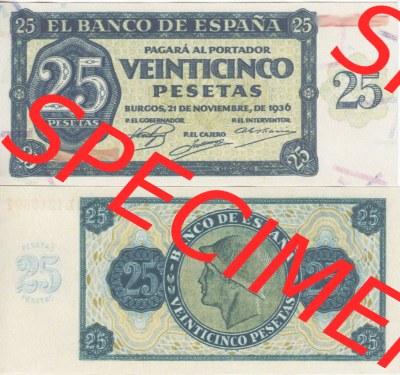 Banknoten Spanien 1936-1936, 25 Peseten. Vorderseite und Rückseite auf einen Digitalen Bild der Banknoten von Spanien 1936, Banknoten... Sammlung