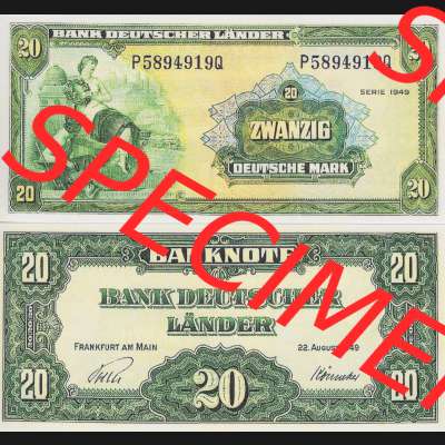 BRD Deutschland Bank Deutscher Länder 1949, 20 DM Deutsche Mark. Vorderseite und Rückseite auf einen Digitalen Bild der Banknoten Deutschland 1948 der Bank Deutscher Länder,... Sammlung