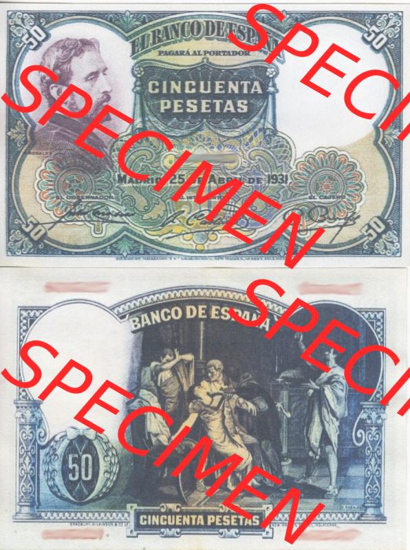 Banknoten Spanien 1931-1931, 50 Peseten. Vorderseite und Rückseite auf einen Digitalen Bild der Banknoten von Spanien 1931, Banknoten aus Satz der Banknoten Spanien 1931 in der... Sammlung