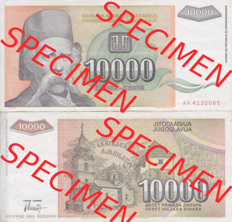 Banknoten Jugoslawien 1993-1993, 10000 Dinar. Vorderseite und Rückseite einer Banknote aus dem nicht mehr existierenden Land Jugoslawien auf einen Digitalen Bild, Banknoten aus... Sammlung