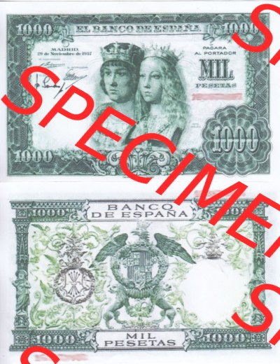 Banknoten Spanien 1957-1958, 1000 Peseten. Vorderseite und Rückseite auf einen Digitalen Bild der Banknoten von Spanien 1953-1958,... Sammlung