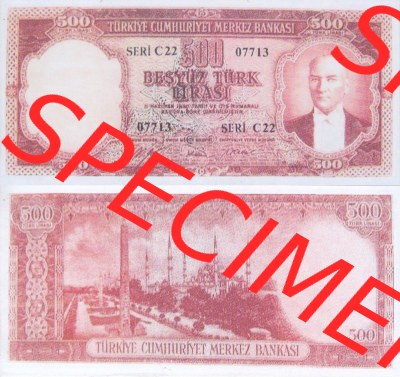 Banknote Türkei 1953, P170, 500 Lira. Vorderseite und Rückseite auf einen Digitalen Bild der Banknoten der Türkei 1951-1960,... Sammlung