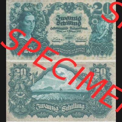 Banknoten Österreich 1928-1928, 20 Schilling. Vorderseite und Rückseite auf einen Digitalen Bild der Banknoten von Österreich 1927-1930, Banknoten aus Satz der Banknoten... Sammlung