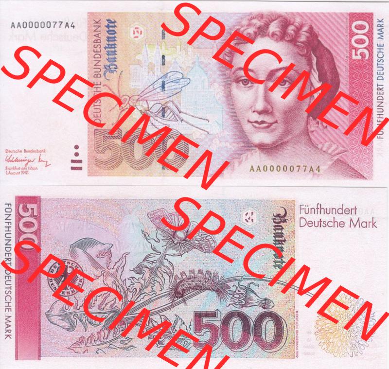 BRD Deutschland Deutsche Bundesbank 1991-1993, 500 DM-Deutsche Mark. Vorderseite und Rückseite auf einen Digitalen Bild der Banknoten Deutschland Deutsche Bundesbank 1989-1993,... Sammlung