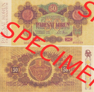 Banknoten Tschechoslowakei 1919-1919, 50 Korun. Vorderseite und Rückseite auf einen Digitalen Bild der Banknoten der Tschechoslowakei... Sammlung