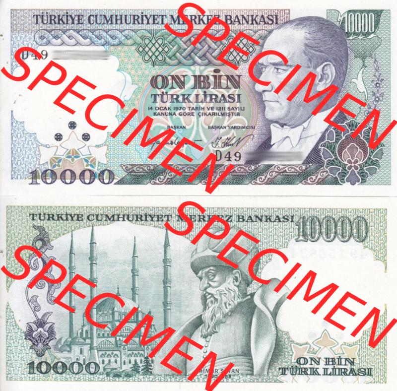 Banknote Türkei 1970, 10000 Lire. Vorderseite und Rückseite auf einen Digitalen Bild der Banknoten der Türkei 1968-1986, Banknoten aus Satz der Banknoten der Türkei... Sammlung
