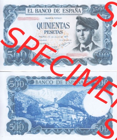 Banknoten Spanien 1971-1973, 500 Peseten. Vorderseite und Rückseite auf einen Digitalen Bild der Banknoten von Spanien 1965-1978,... Sammlung