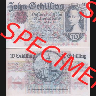 Banknoten Österreich 1946-1946, 10 Schilling. Vorderseite und Rückseite auf einen Digitalen Bild der Banknoten von Österreich 1945-1947, Banknoten aus Satz der Banknoten... Sammlung