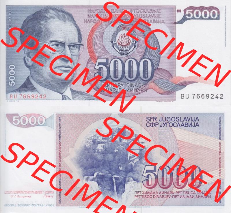 Banknoten Jugoslawien 1985-1985, 5000 Dinar. Vorderseite und Rückseite einer Banknote aus dem nicht mehr existierenden Land Jugoslawien auf einen Digitalen Bild, Banknoten aus Satz... Sammlung