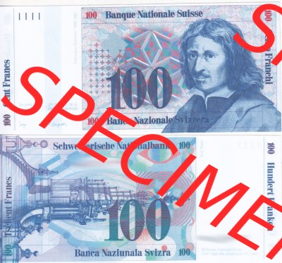 Banknoten Schweiz 1985-1985, 100 Franken. Vorderseite und Rückseite auf einen Digitalen Bild der Banknoten der Schweiz 1983-1985,... Sammlung