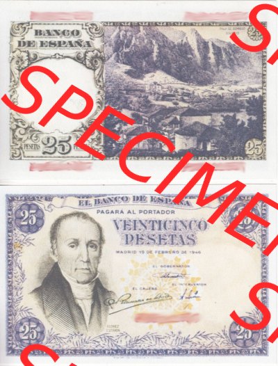 Banknoten Spanien 1946-1948, 25 Peseten. Vorderseite und Rückseite auf einen Digitalen Bild der Banknoten von Spanien 1946-1949,... Sammlung