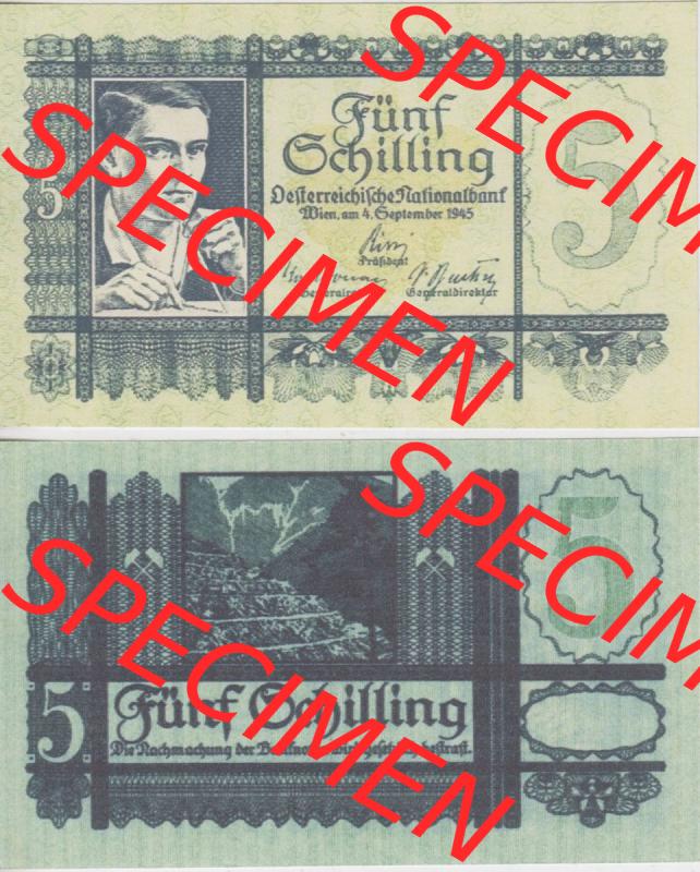Banknoten Österreich 1945-1945, 5 Schilling. Vorderseite und Rückseite auf einen Digitalen Bild der Banknoten von Österreich 1945-1947, Banknoten aus Satz der Banknoten... Sammlung