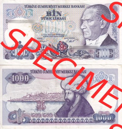 Banknote Türkei 1986-1986 (1970), 1000 Lira. Vorderseite und Rückseite auf einen Digitalen Bild der Banknoten der Türkei 1968-1986,... Sammlung