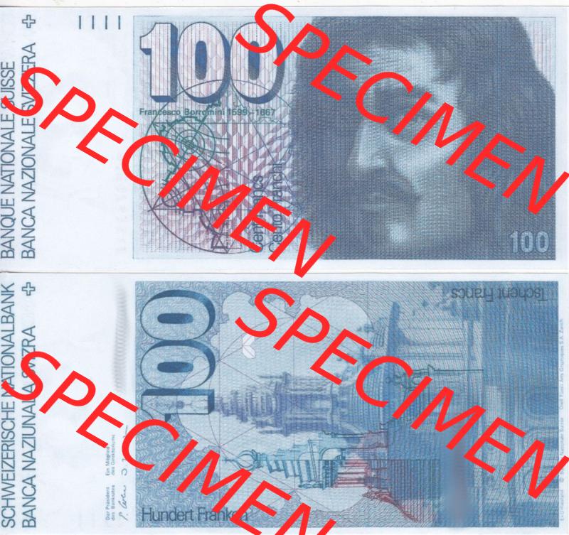 Banknoten Schweiz 1975-1993, 100 Franken. Vorderseite und Rückseite auf einen Digitalen Bild der Banknoten der Schweiz 1975-1993, Banknoten aus Satz der Banknoten Schweiz 1975-1993... Sammlung