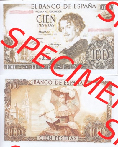 Banknoten Spanien 1965-1970, 100 Peseten. Vorderseite und Rückseite auf einen Digitalen Bild der Banknoten von Spanien 1965-1978,... Sammlung
