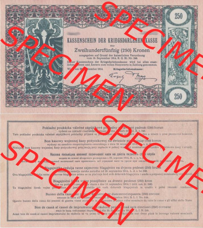 Banknoten Österreich 1914-1914, 250 Kronen KRIEGSDARLEHENSKASSE KASSENSCHEIN. Vorderseite und Rückseite auf einen Digitalen Bild der Banknoten von Österreich 1914-1914 Kriegskassenscheine,... Sammlung