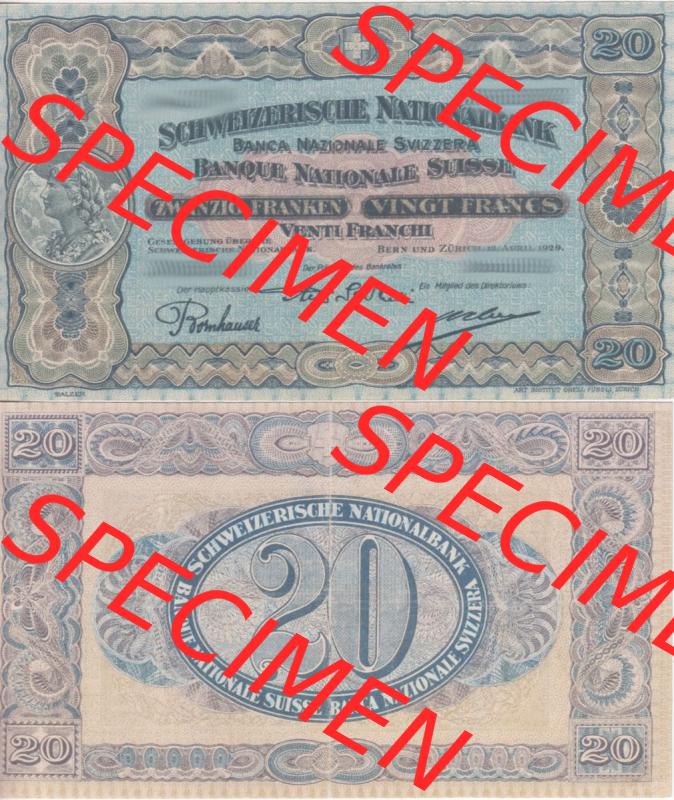 Banknoten Schweiz 1923-1929, 20 Franken. Vorderseite und Rückseite auf einen Digitalen Bild der Banknoten der Schweiz 1913-1955, Banknoten aus Satz der Banknoten Schweiz 1913-1955... Sammlung