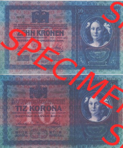 Banknoten Österreich 1904-1904, 10 Kronen. Vorderseite und Rückseite auf einen Digitalen Bild der Banknoten von Österreich... Sammlung