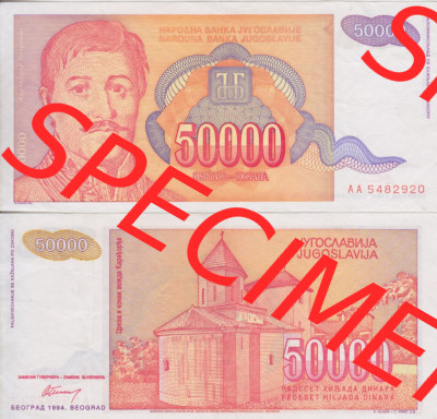 Banknoten Jugoslawien 1994-1994, 50000 Dinar. Vorderseite und Rückseite einer Banknote aus dem nicht mehr existierenden Land... Sammlung