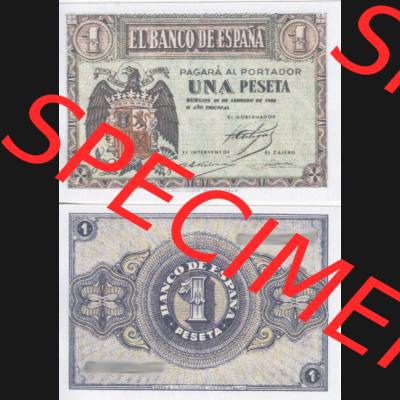 Banknoten Spanien 1938-1938, 1 Pesete Februar 1938. Vorderseite und Rückseite auf einen Digitalen Bild der Banknoten von Spanien 1937-1938, Banknoten aus Satz der Banknoten Spanien... Sammlung