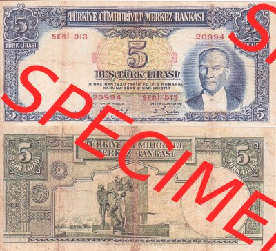 Banknote Türkei 1937, P127, 5 Lira. Vorderseite und Rückseite auf einen Digitalen Bild der Banknoten der Türkei 1937-1939,... Sammlung