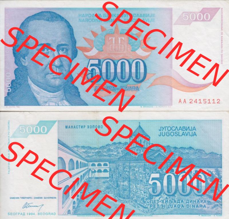 Banknoten Jugoslawien 1994-1994, 5000 Dinar. Vorderseite und Rückseite einer Banknote aus dem nicht mehr existierenden Land Jugoslawien auf einen Digitalen Bild, Banknoten aus Satz... Sammlung