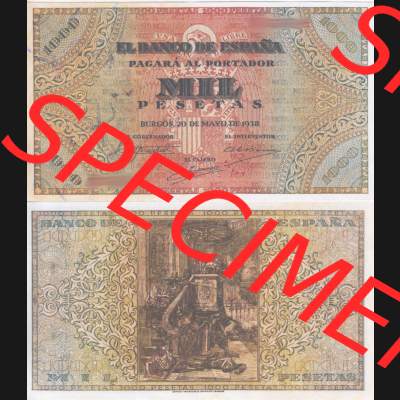Banknoten Spanien 1938-1938, 1000 Peseten. Vorderseite und Rückseite auf einen Digitalen Bild der Banknoten von Spanien 1937-1938, Banknoten aus Satz der Banknoten Spanien 1937-1938... Sammlung