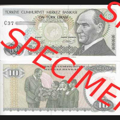 Banknote Türkei 1970, 10 Lire. Vorderseite und Rückseite auf einen Digitalen Bild der Banknoten der Türkei 1968-1986, Banknoten aus Satz der Banknoten der Türkei... Sammlung