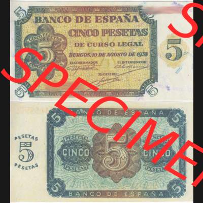 Banknoten Spanien 1938-1938, 5 Peseten. Vorderseite und Rückseite auf einen Digitalen Bild der Banknoten von Spanien 1937-1938, Banknoten aus Satz der Banknoten Spanien 1937-1938... Sammlung
