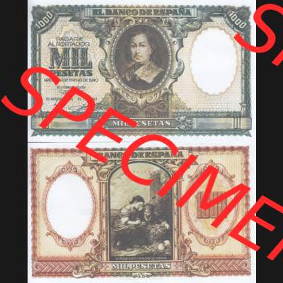 Banknoten Spanien 1940-1943, 1000 Pesten. Vorderseite und Rückseite auf einen Digitalen Bild der Banknoten von Spanien 1940, 1943, 1945, Banknoten aus Satz der Banknoten... Sammlung