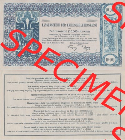 Banknoten Österreich 1914-1914, 10000 Kronen KRIEGSDARLEHENSKASSE KASSENSCHEIN. Vorderseite und Rückseite auf einen Digitalen... Sammlung
