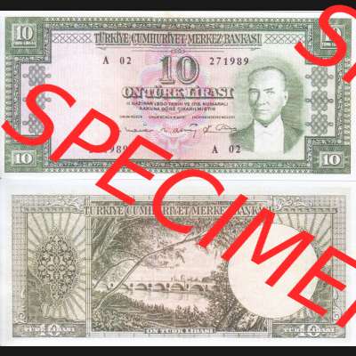 Banknote Türkei 1960, P161, 10 Lira. Vorderseite und Rückseite auf einen Digitalen Bild der Banknoten der Türkei 1951-1960, Banknoten aus Satz der Banknoten der... Sammlung