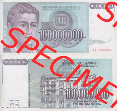 Banknoten Jugoslawien 1993-1993, 100000000 Dinar. Vorderseite und Rückseite einer Banknote aus dem nicht mehr existierenden Land... Sammlung