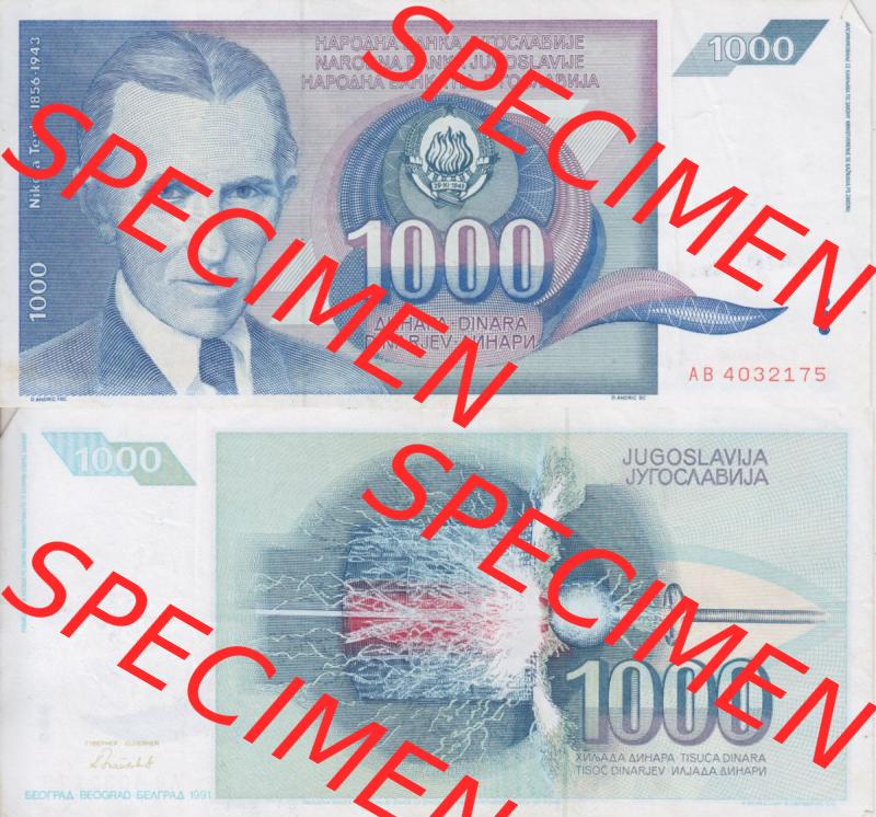 Banknoten Jugoslawien 1991-1991, 1000 Dinar. Vorderseite und Rückseite einer Banknote aus dem nicht mehr existierenden Land Jugoslawien auf einen Digitalen Bild, Banknoten aus Satz... Sammlung