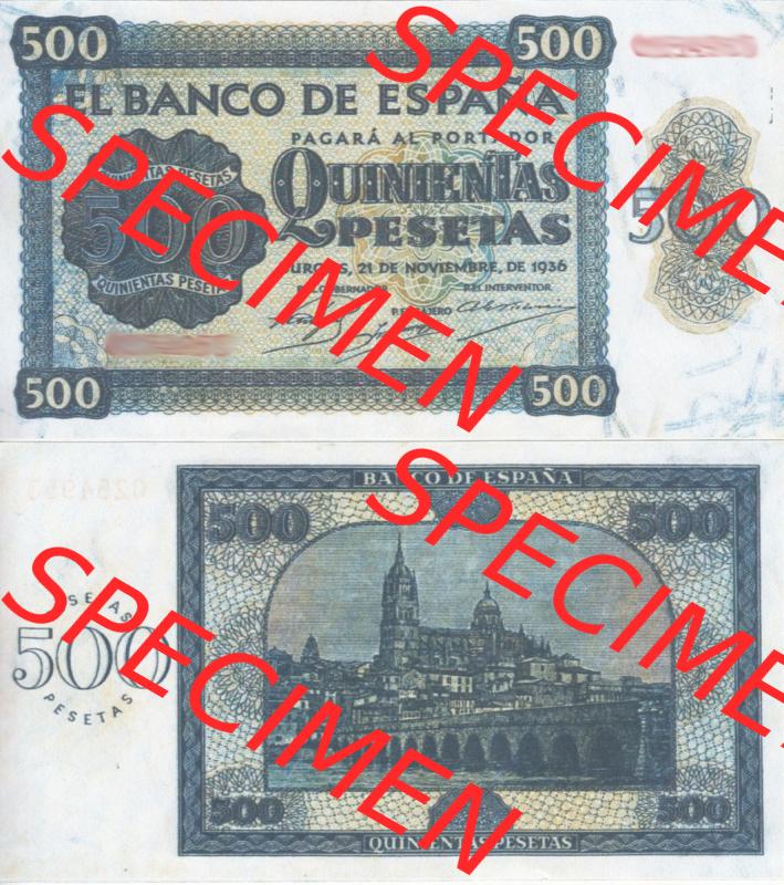Banknoten Spanien 1936-1936, 500 Peseten. Vorderseite und Rückseite auf einen Digitalen Bild der Banknoten von Spanien 1936, Banknoten aus Satz der Banknoten Spanien 1936 in der... Sammlung