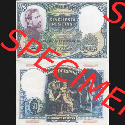 Banknoten Spanien 1931-1931, 50 Peseten. Vorderseite und Rückseite auf einen Digitalen Bild der Banknoten von Spanien 1931, Banknoten aus Satz der Banknoten Spanien 1931 in der... Sammlung