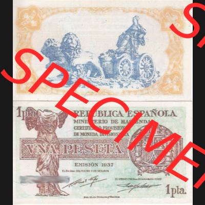 Banknoten Spanien 1937-1937, 1 Pesete. Vorderseite und Rückseite auf einen Digitalen Bild der Banknoten von Spanien 1937-1938, Banknoten aus Satz der Banknoten Spanien 1937-1938... Sammlung