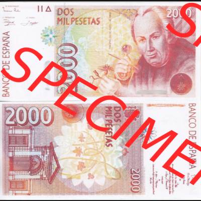Banknoten Spanien 1992-1996, 2000 Peseten 2 Seriennummern. Vorderseite und Rückseite auf einen Digitalen Bild der Banknoten von Spanien 1992-1996, Banknoten aus Satz der Banknoten... Sammlung